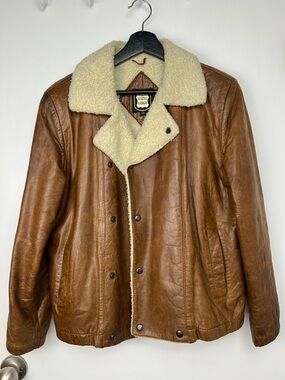 Etches Leder Vintage Faux Shearling Genuine Leather Moto Jacket sz M 6/8 Tan